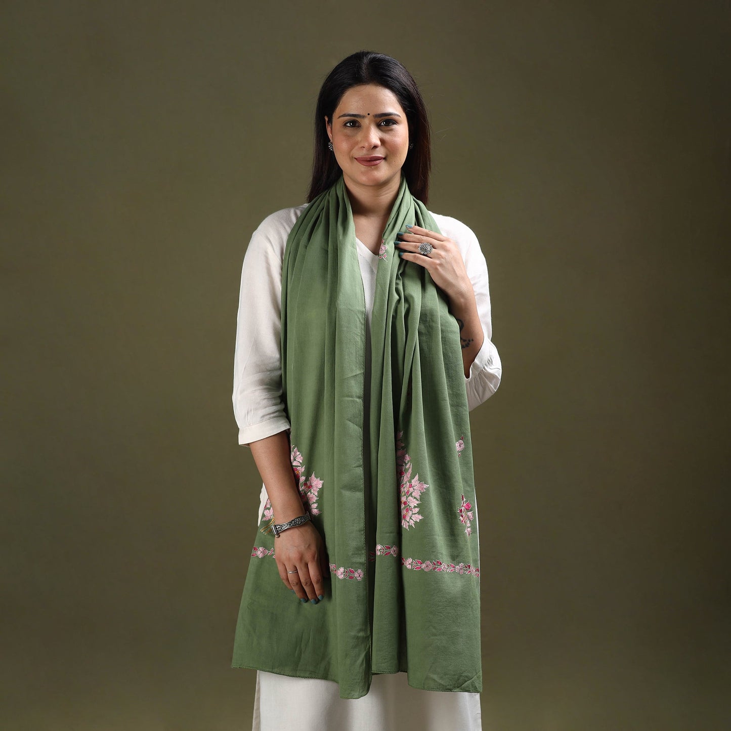 Buy Green Cotton Kashida Embroidery Stole