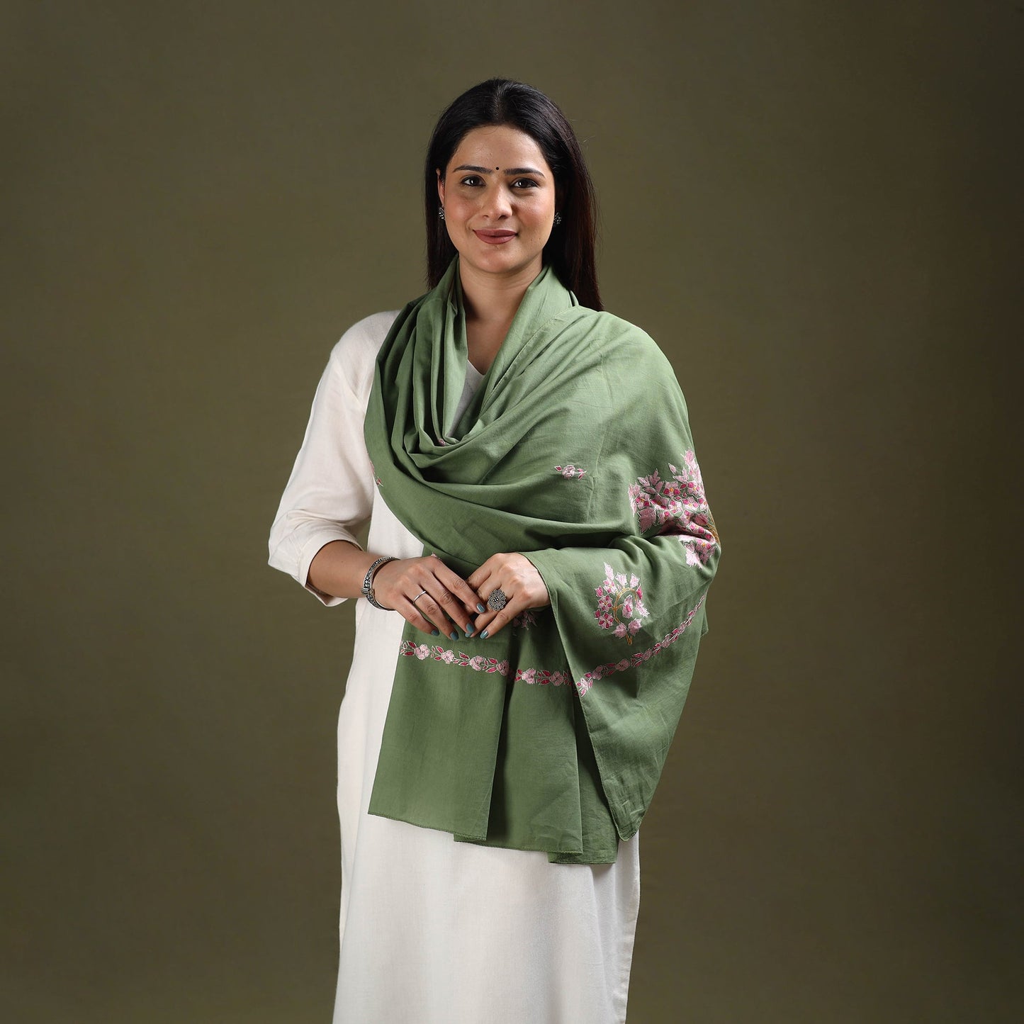 Buy Green Cotton Kashida Embroidery Stole