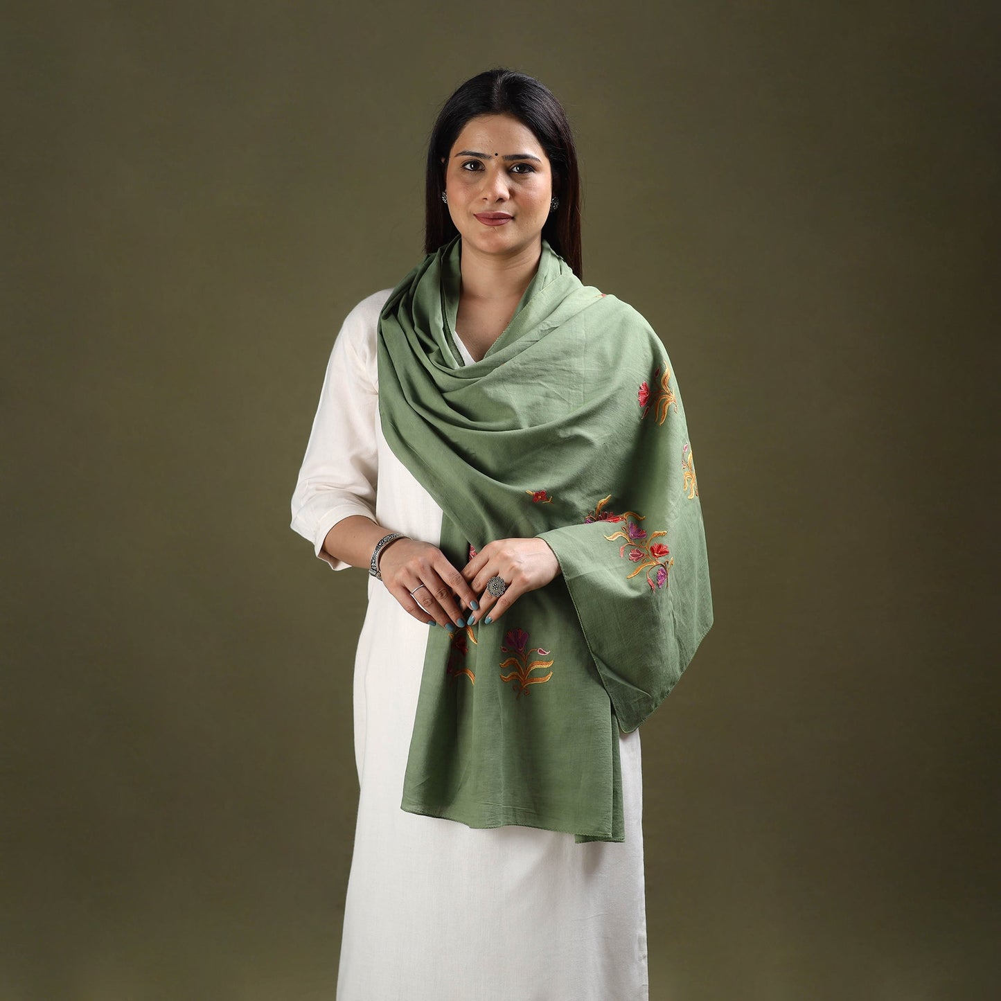Green - cotton kashida embroidery stole 14 - handcrafted