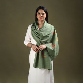 Green - cotton kashida embroidery stole 14 - handcrafted