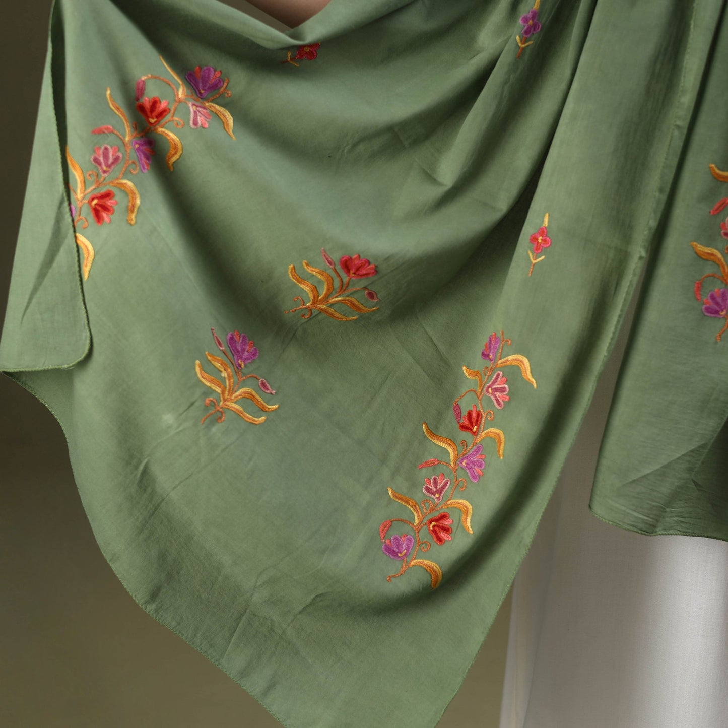 Green - cotton kashida embroidery stole 14 - handcrafted