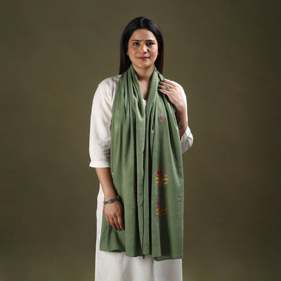 Green - cotton kashida embroidery stole 14 - handcrafted