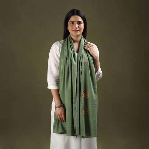 Green - cotton kashida embroidery stole 14 - handcrafted