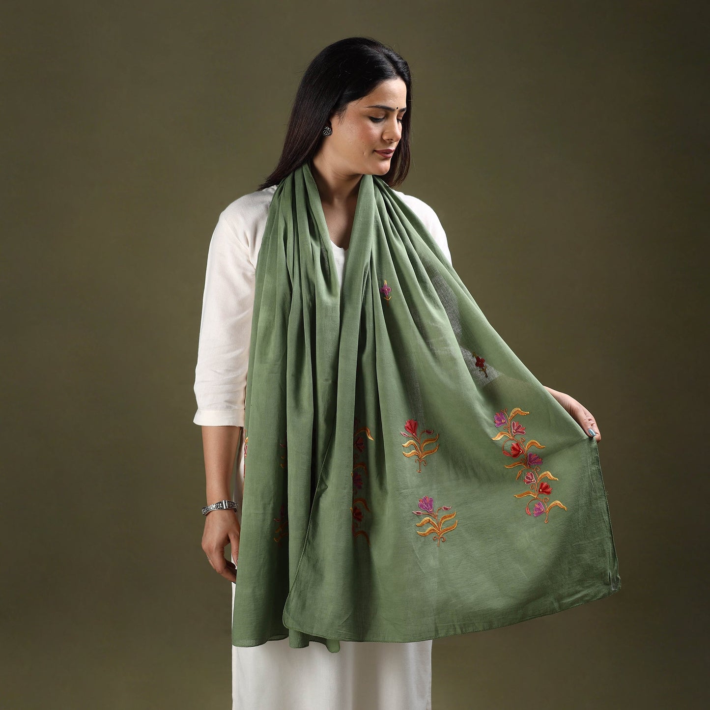 Green - cotton kashida embroidery stole 14 - handcrafted