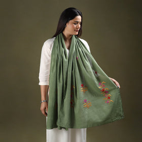 Green - cotton kashida embroidery stole 14 - handcrafted