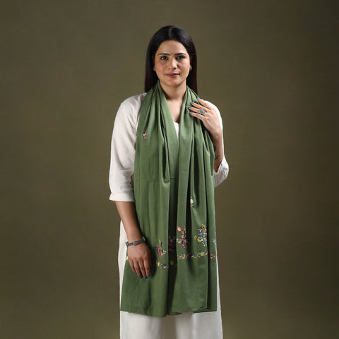 Green - cotton kashida embroidery stole 20 - handcrafted