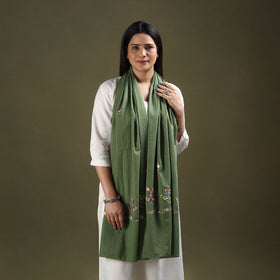 Green - cotton kashida embroidery stole 20 - handcrafted