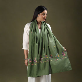 Green - cotton kashida embroidery stole 20 - handcrafted