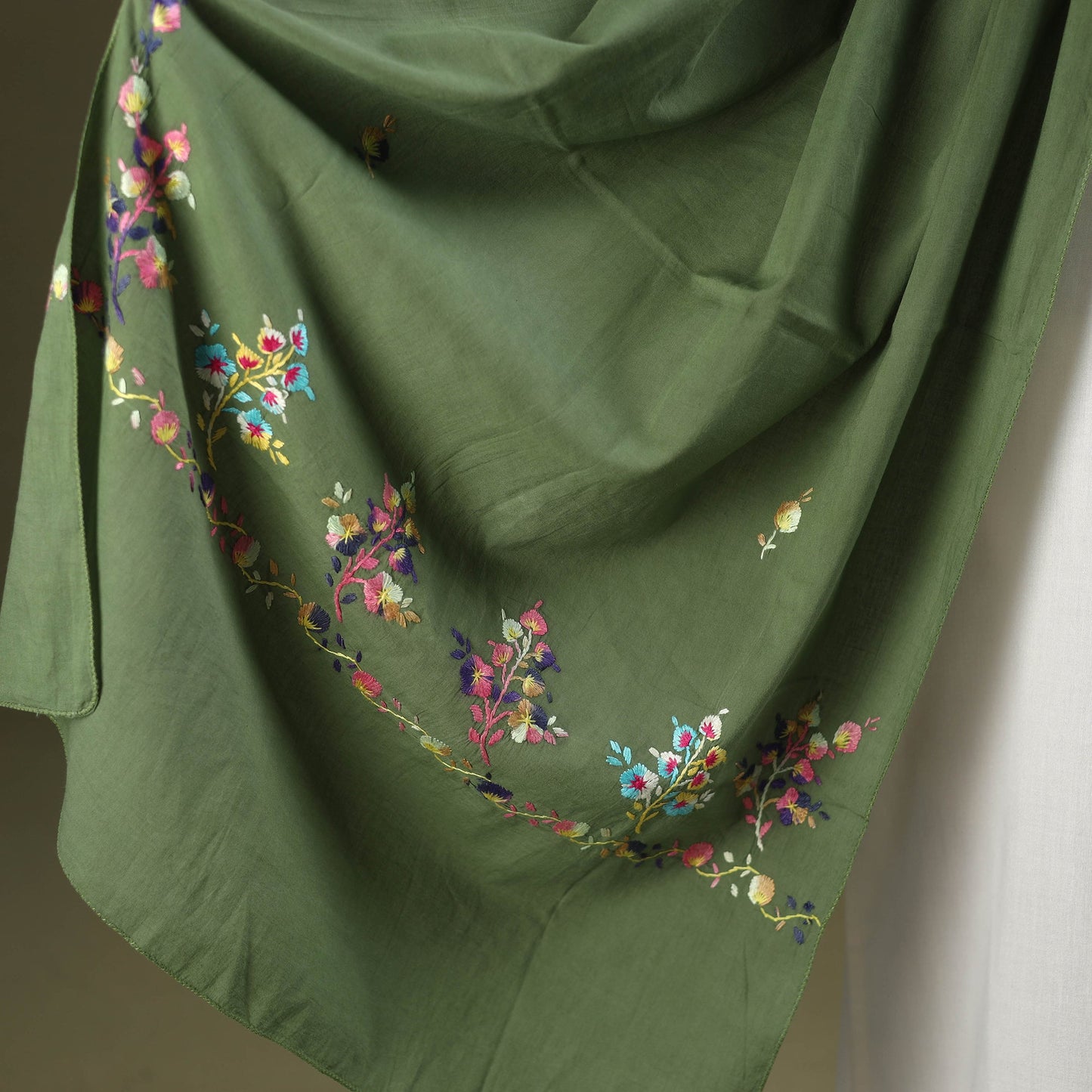 Green - cotton kashida embroidery stole 20 - handcrafted
