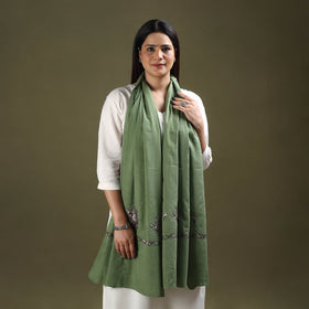 Green - cotton kashida embroidery stole 22 - handcrafted