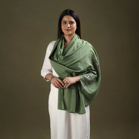 Green - cotton kashida embroidery stole 22 - handcrafted