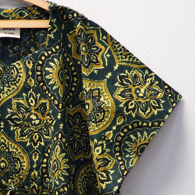 Green Ajrakh Block Print Cotton Kids Kaftan (3-4 Years)