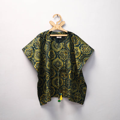 Green Ajrakh Block Print Cotton Kids Kaftan (3-4 Years)