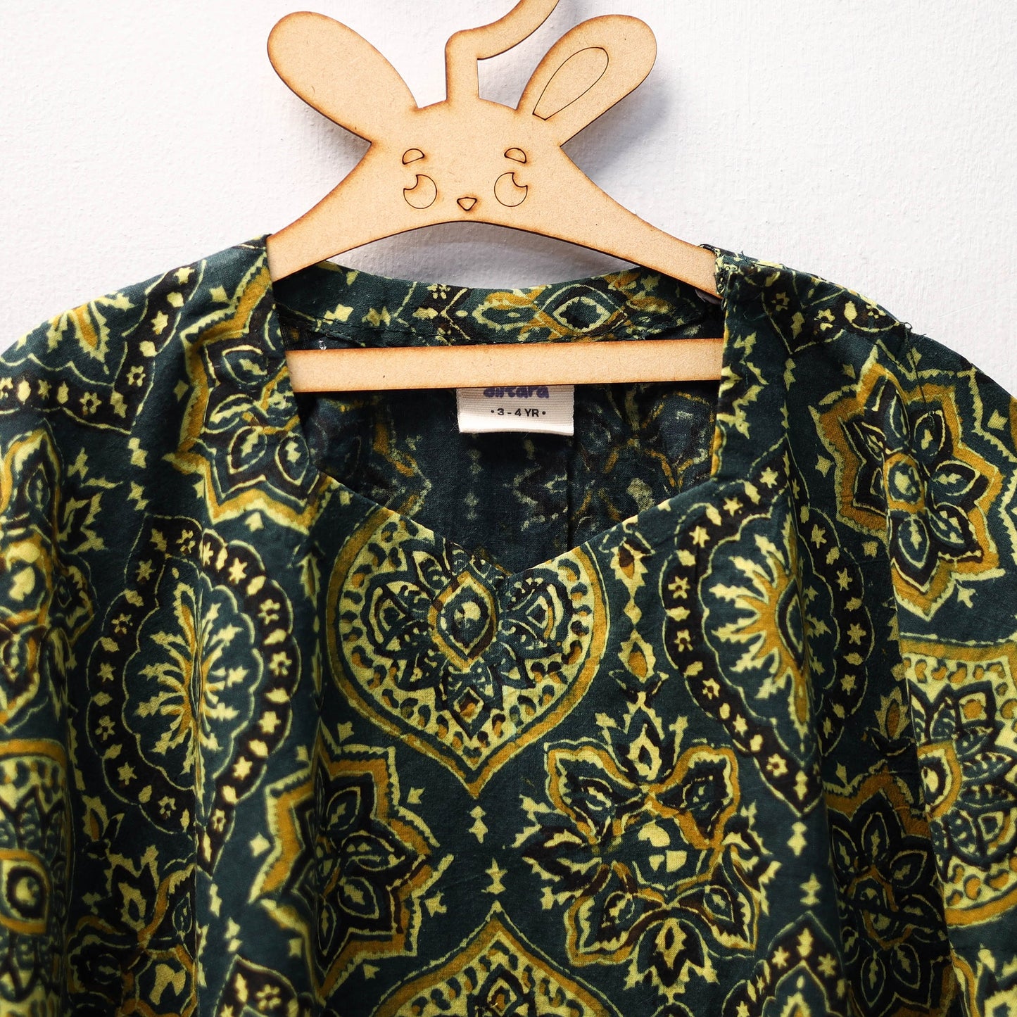 Green Ajrakh Block Print Cotton Kids Kaftan (3-4 Years)