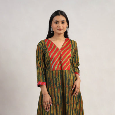 Buy Green Block Print Cotton A-Line Akola Kurta
