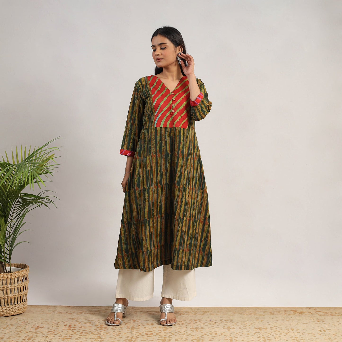 Buy Green Block Print Cotton A-Line Akola Kurta