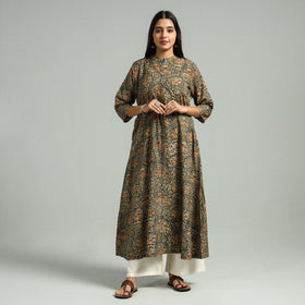 Green Block Print Cotton A-Line Kalamkari Kurta