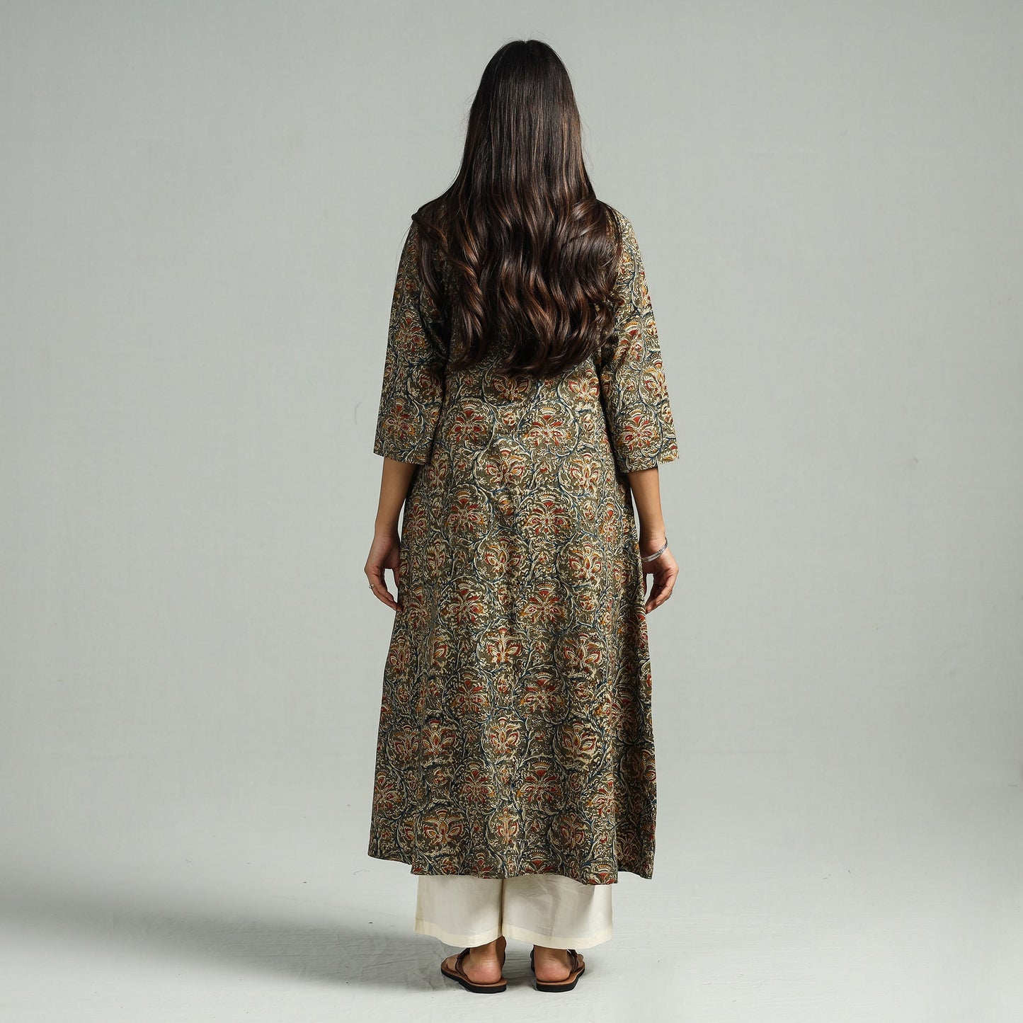 Green Block Print Cotton A-Line Kalamkari Kurta