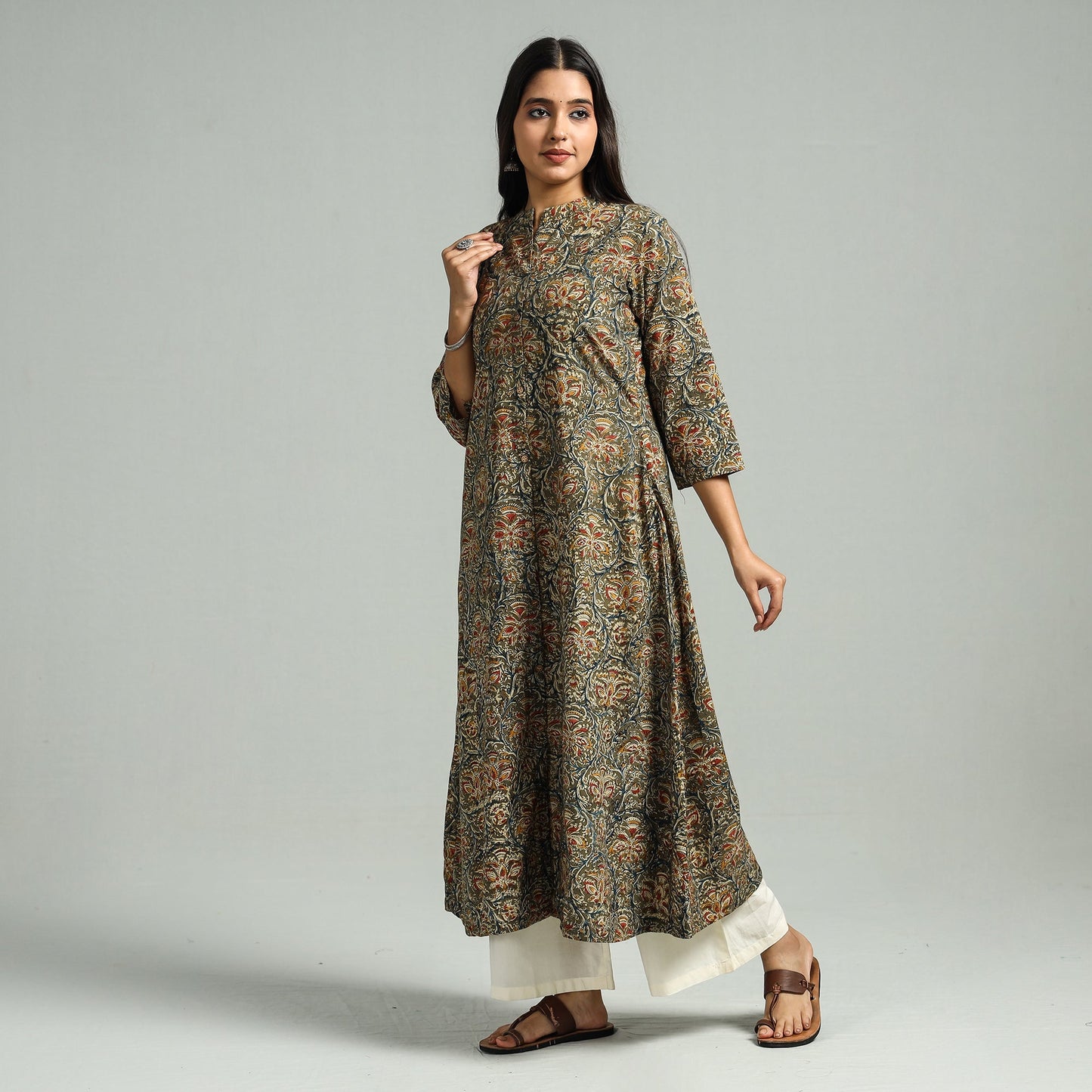 Green Block Print Cotton A-Line Kalamkari Kurta