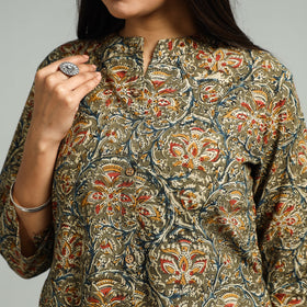 Green Block Print Cotton A-Line Kalamkari Kurta