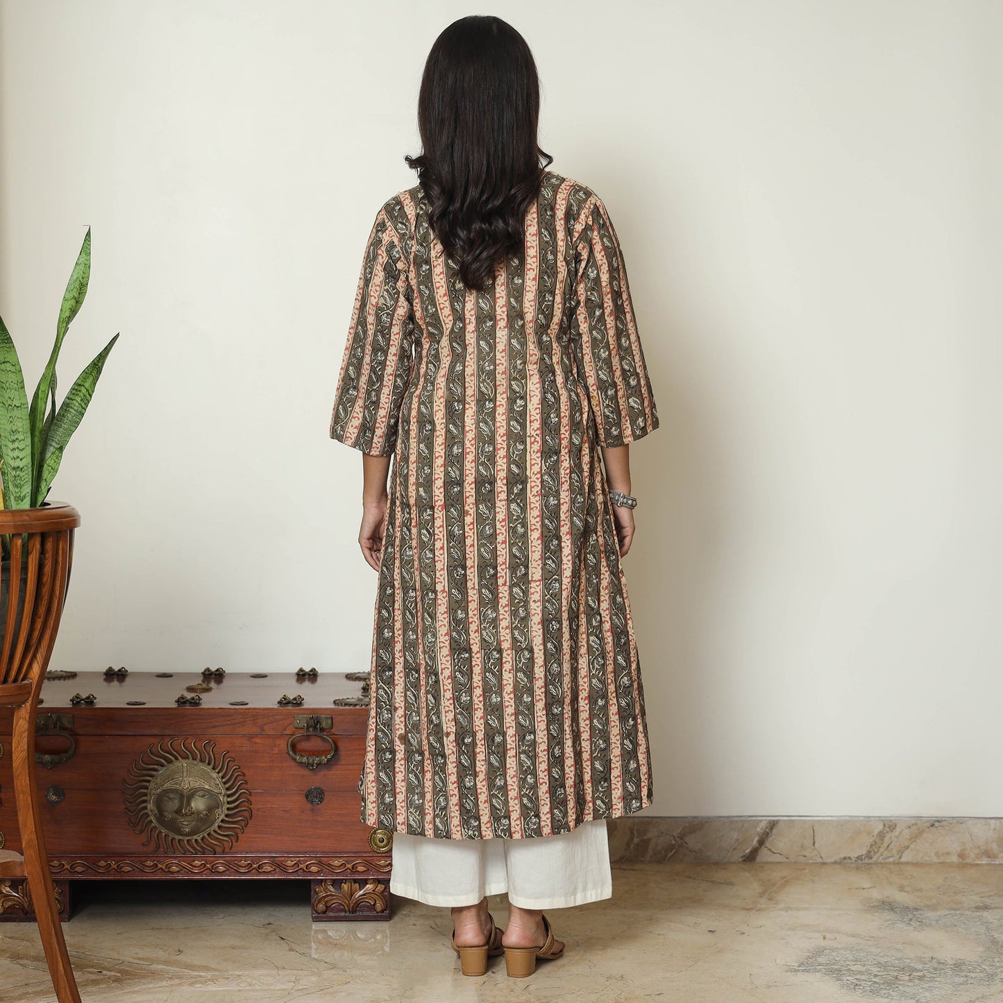  Brown Block Print Cotton A-Line Kalamkari Kurta for Women