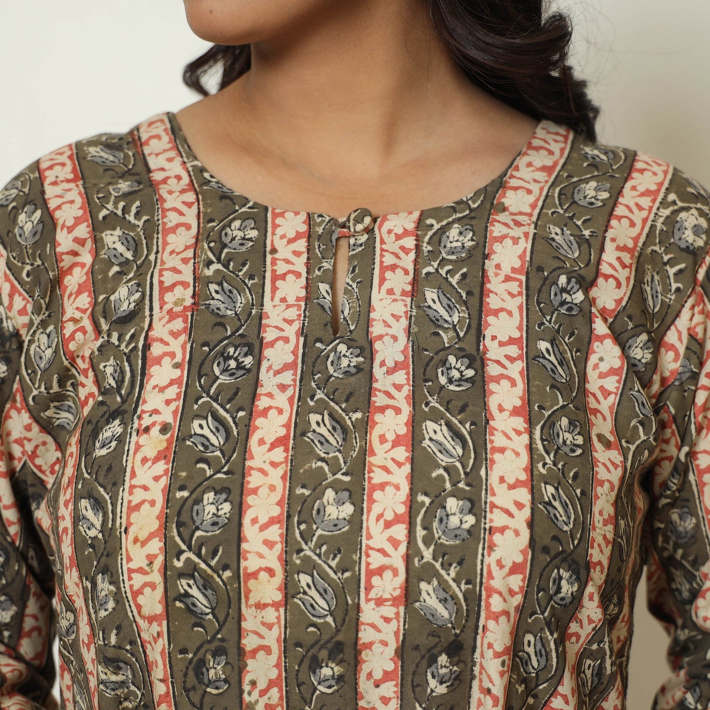  Brown Block Print Cotton A-Line Kalamkari Kurta for Women