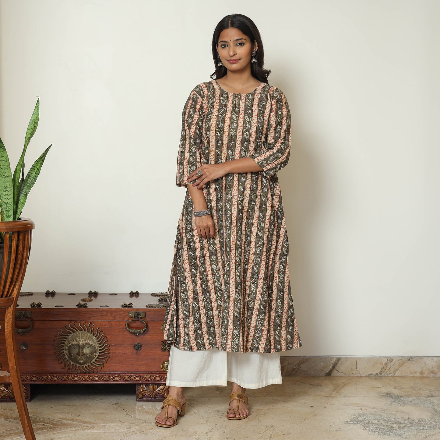  Brown Block Print Cotton A-Line Kalamkari Kurta for Women