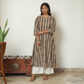  Brown Block Print Cotton A-Line Kalamkari Kurta for Women