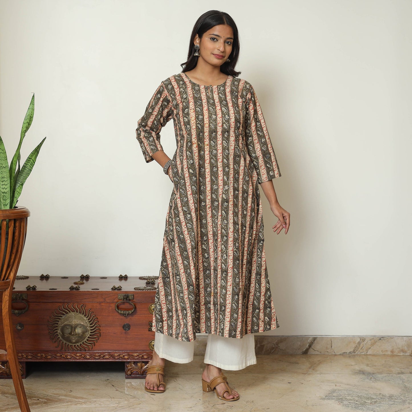  Brown Block Print Cotton A-Line Kalamkari Kurta for Women