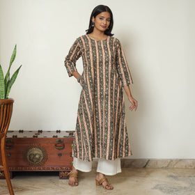  Brown Block Print Cotton A-Line Kalamkari Kurta for Women