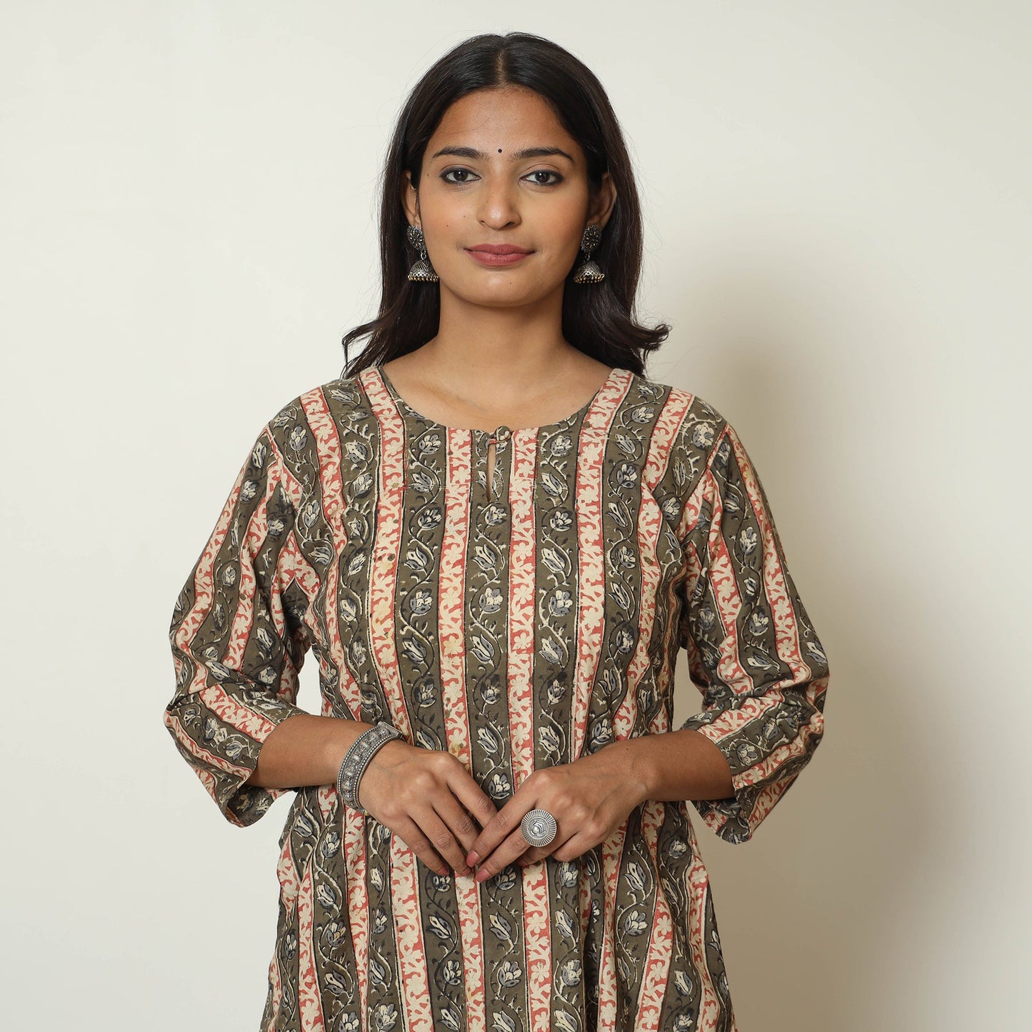  Brown Block Print Cotton A-Line Kalamkari Kurta for Women