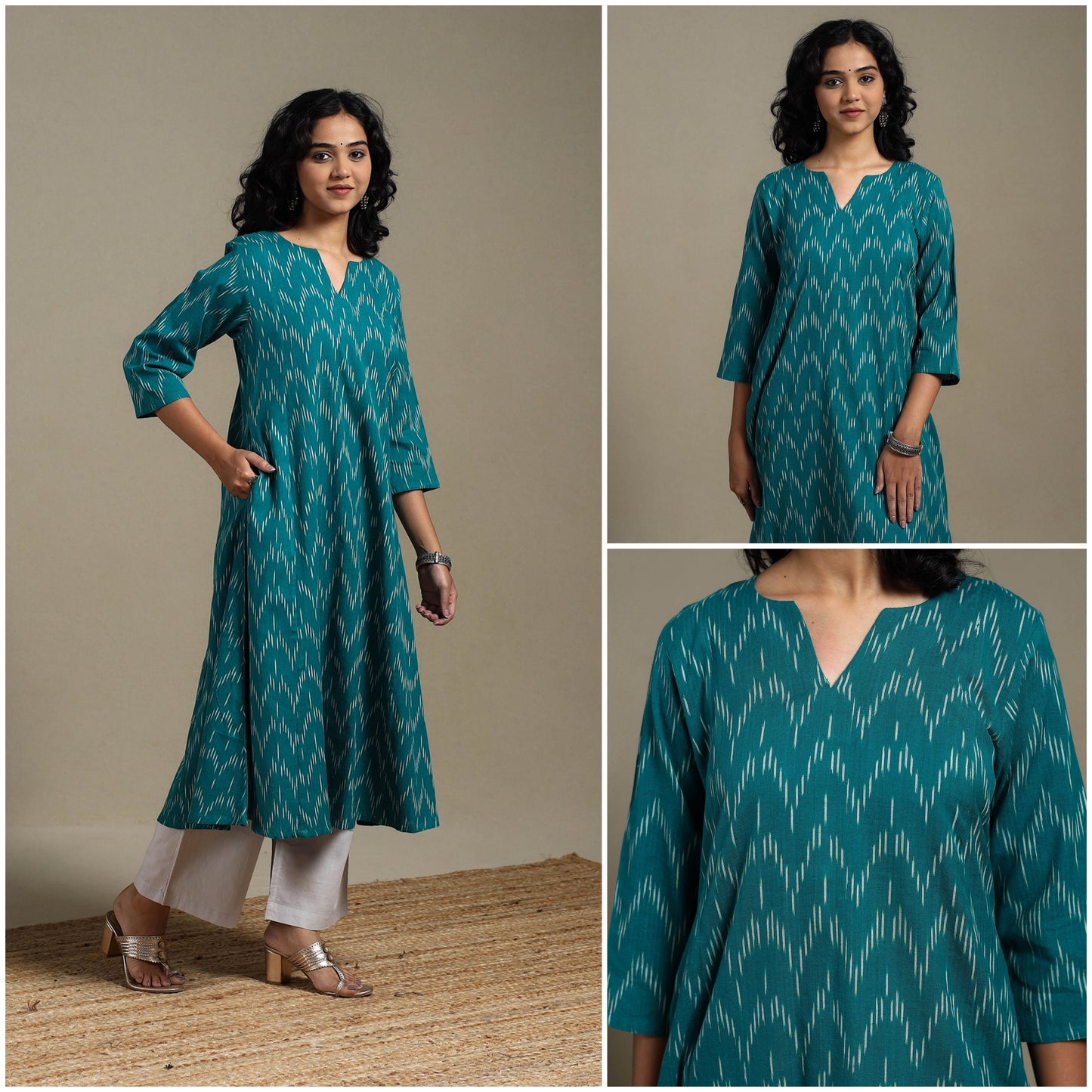 Green - cotton a-line pochampally ikat kurta 05