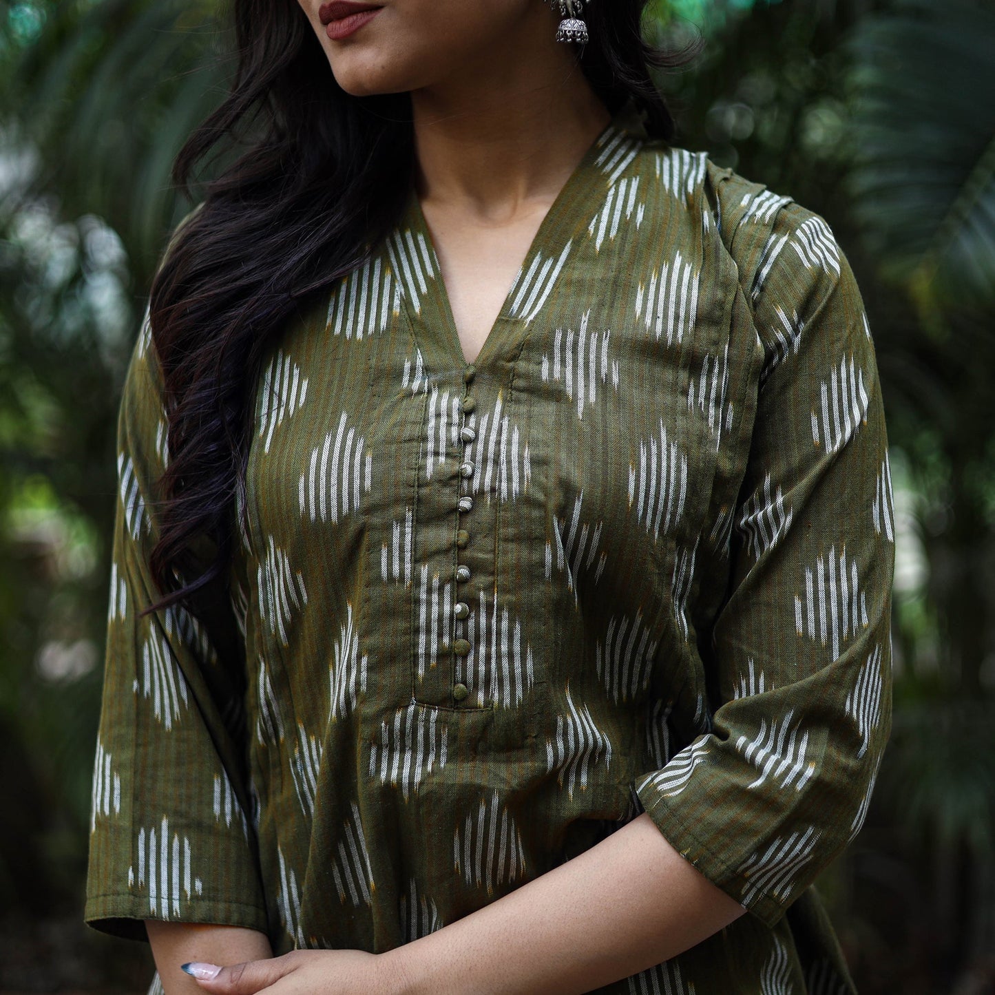 Green Cotton A-Line Pochampally Ikat Kurta for women
