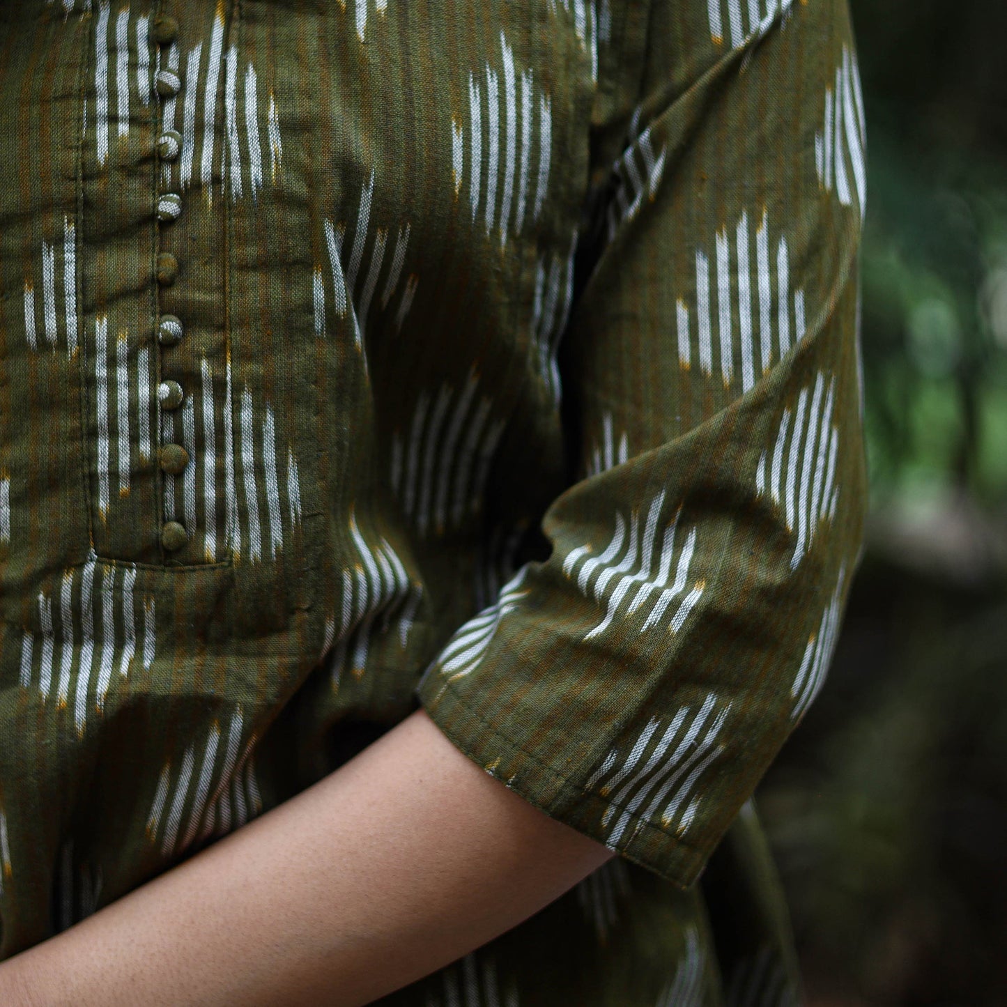 Green Cotton A-Line Pochampally Ikat Kurta for women