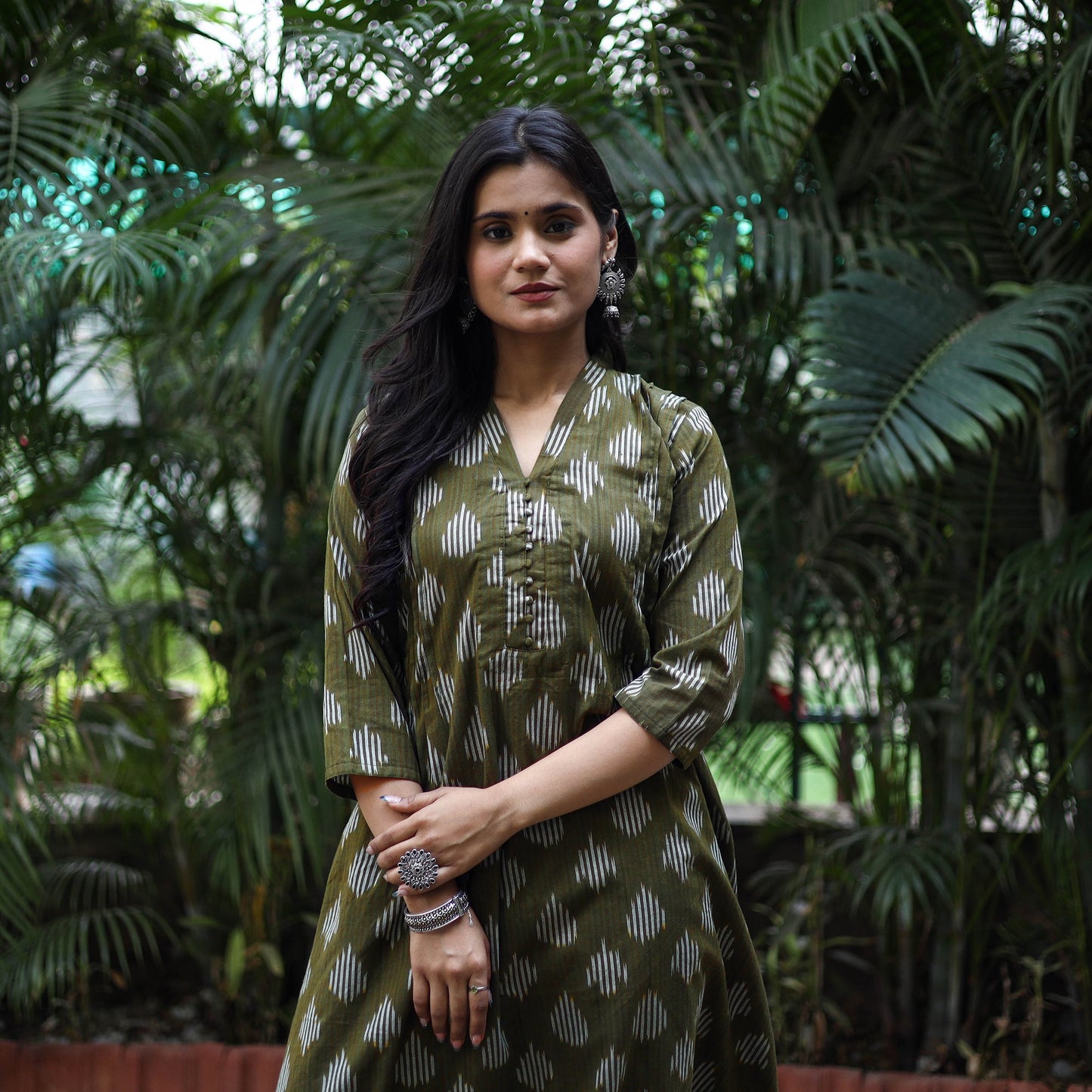 Green Cotton A-Line Pochampally Ikat Kurta for women