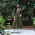 Green Cotton A-Line Pochampally Ikat Kurta for women