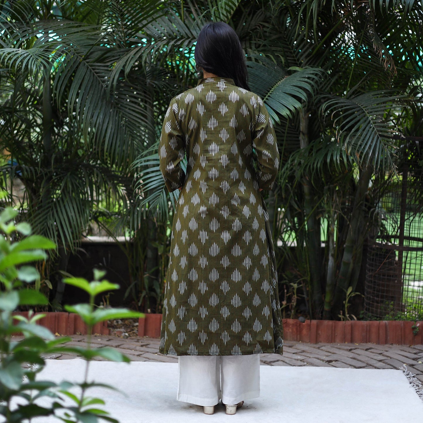Green Cotton A-Line Pochampally Ikat Kurta for women