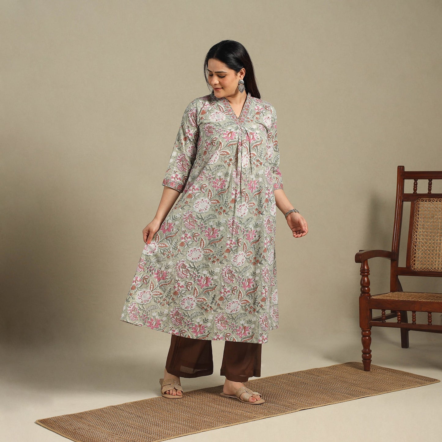 Block Print Cotton A-Line Sanganeri Kurta
