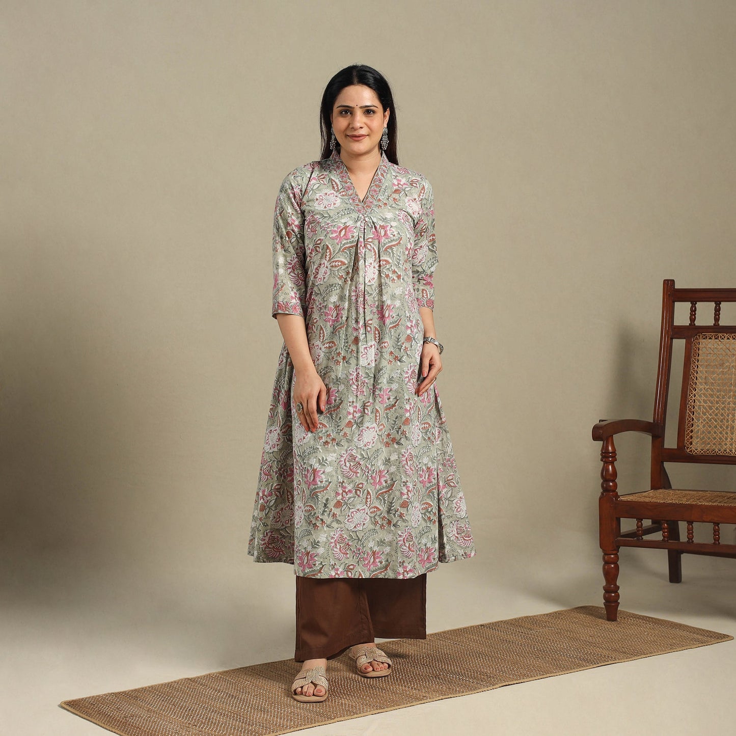 Block Print Cotton A-Line Sanganeri Kurta