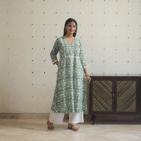 Green Block Print Cotton A-Line Sanganeri Kurta 