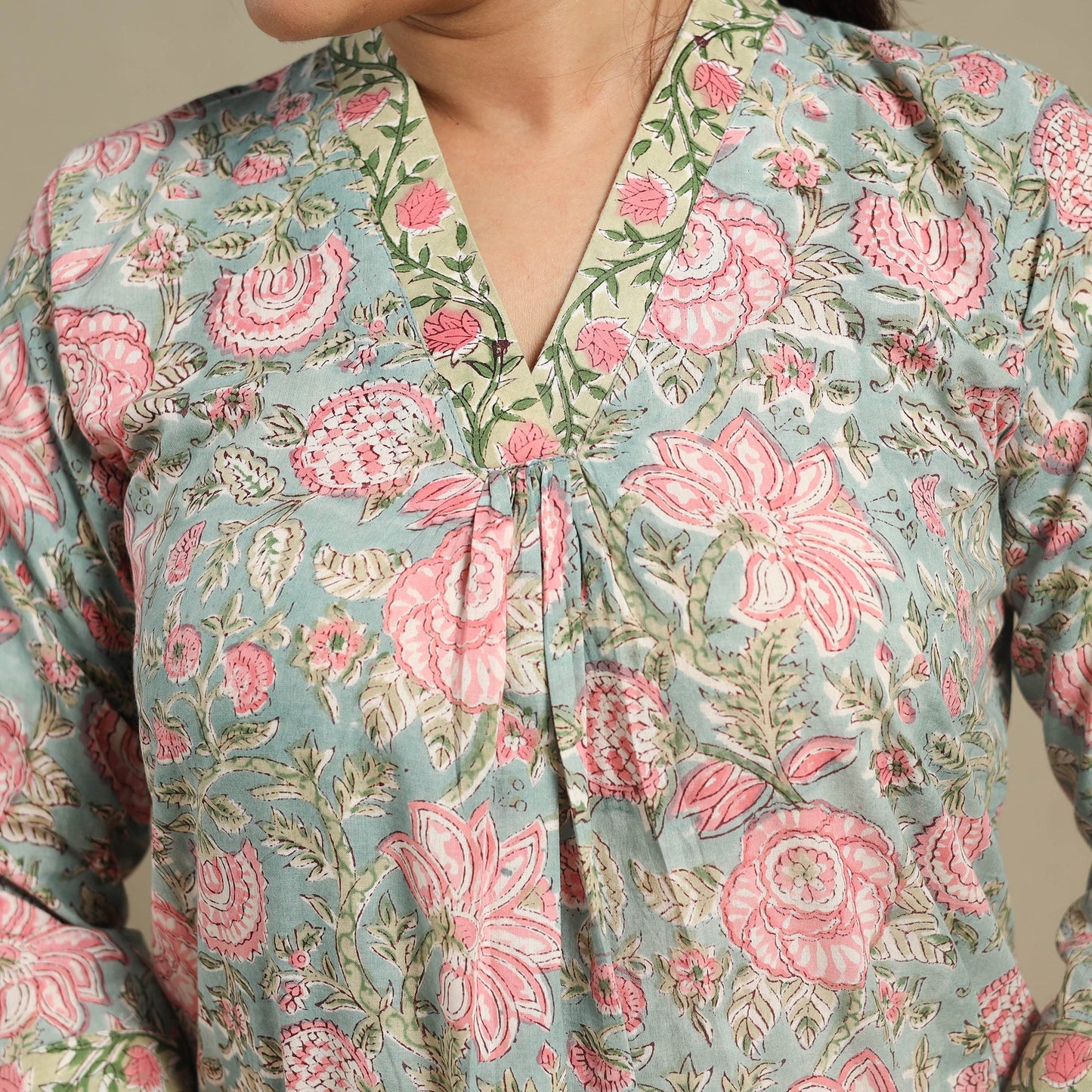 Green - cotton a-line sanganeri kurta 02 - handcrafted