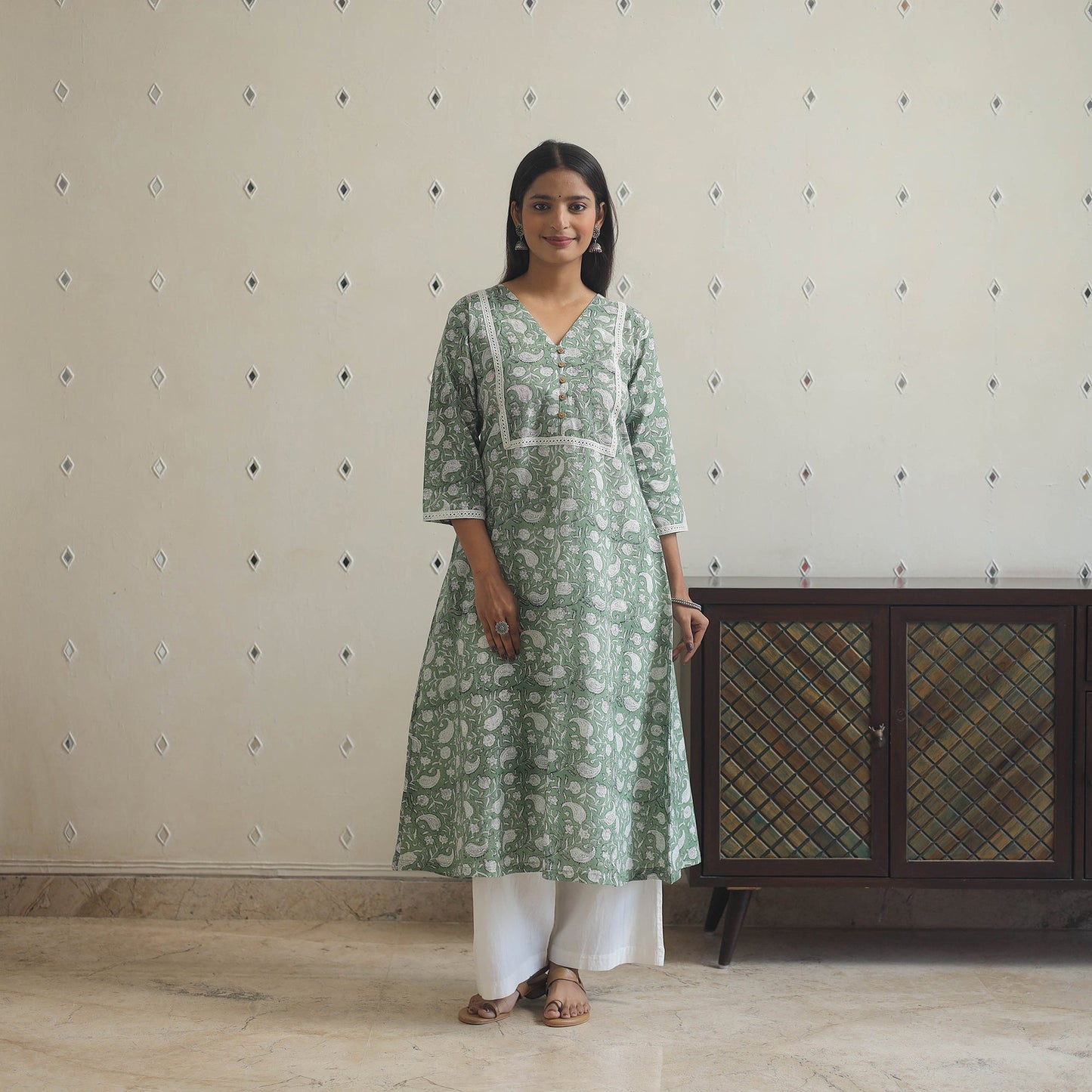 Green Block Print Cotton A-Line Sanganeri Kurta 
