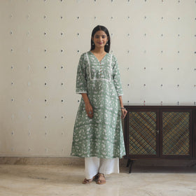 Green Block Print Cotton A-Line Sanganeri Kurta 
