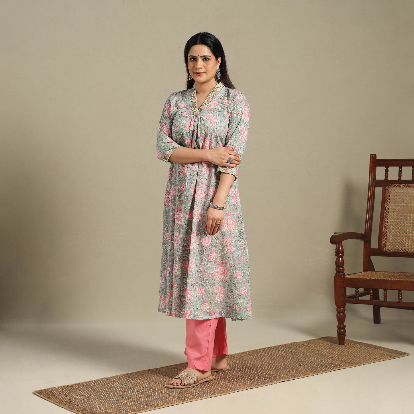 Green - cotton a-line sanganeri kurta 02 - handcrafted