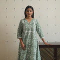 Green Block Print Cotton A-Line Sanganeri Kurta 