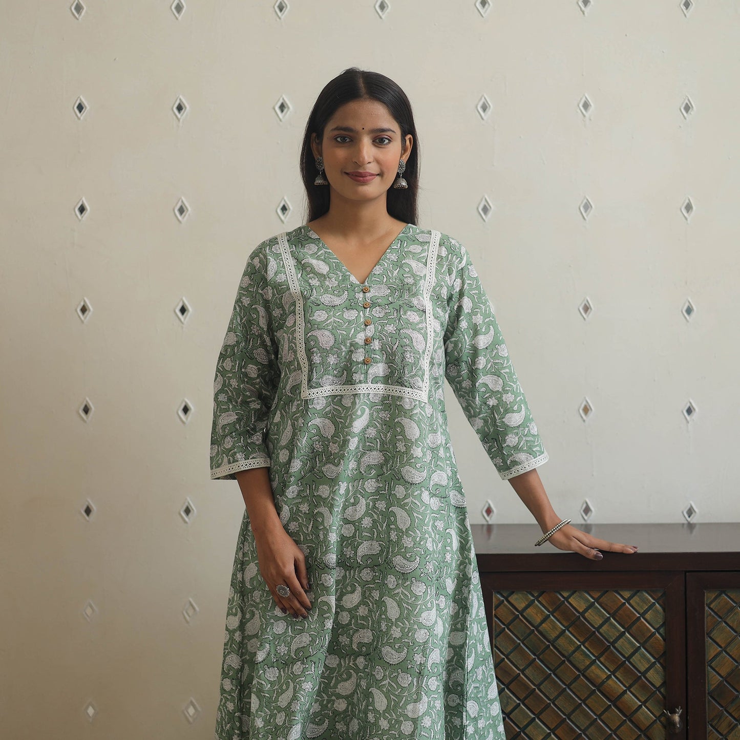 Green Block Print Cotton A-Line Sanganeri Kurta 