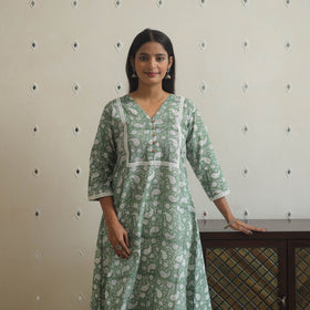 Green Block Print Cotton A-Line Sanganeri Kurta 