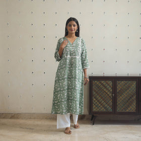 Green Block Print Cotton A-Line Sanganeri Kurta 