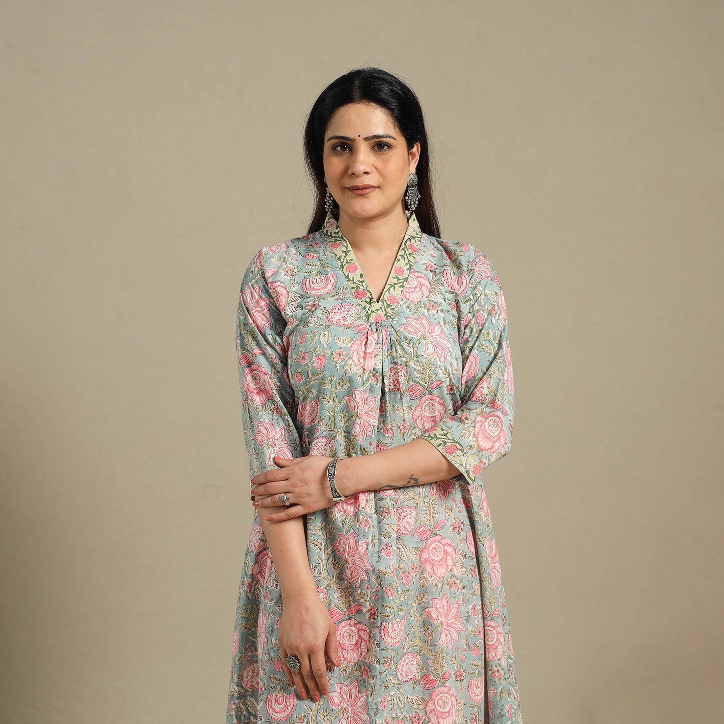 Green - cotton a-line sanganeri kurta 02 - handcrafted