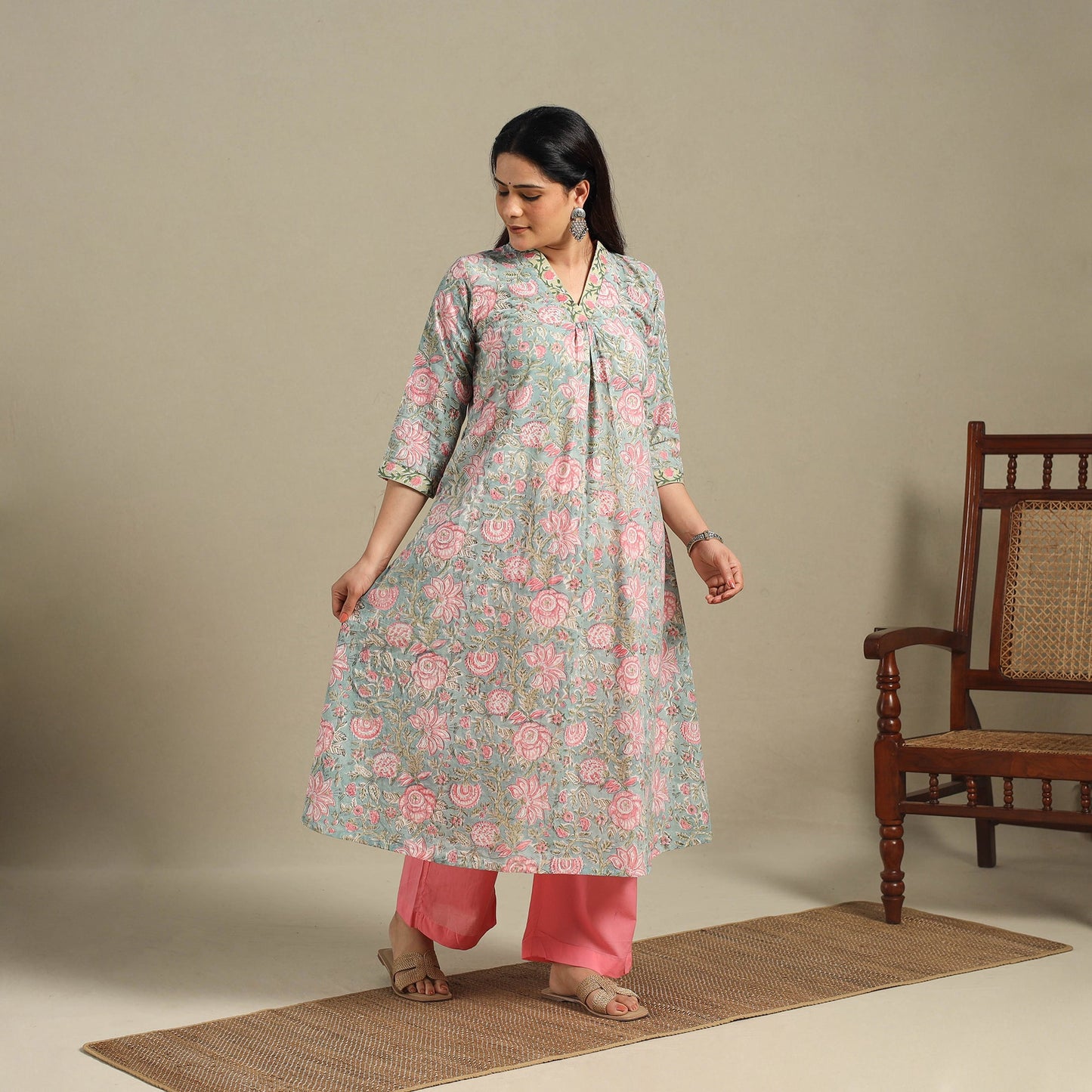 Green - cotton a-line sanganeri kurta 02 - handcrafted